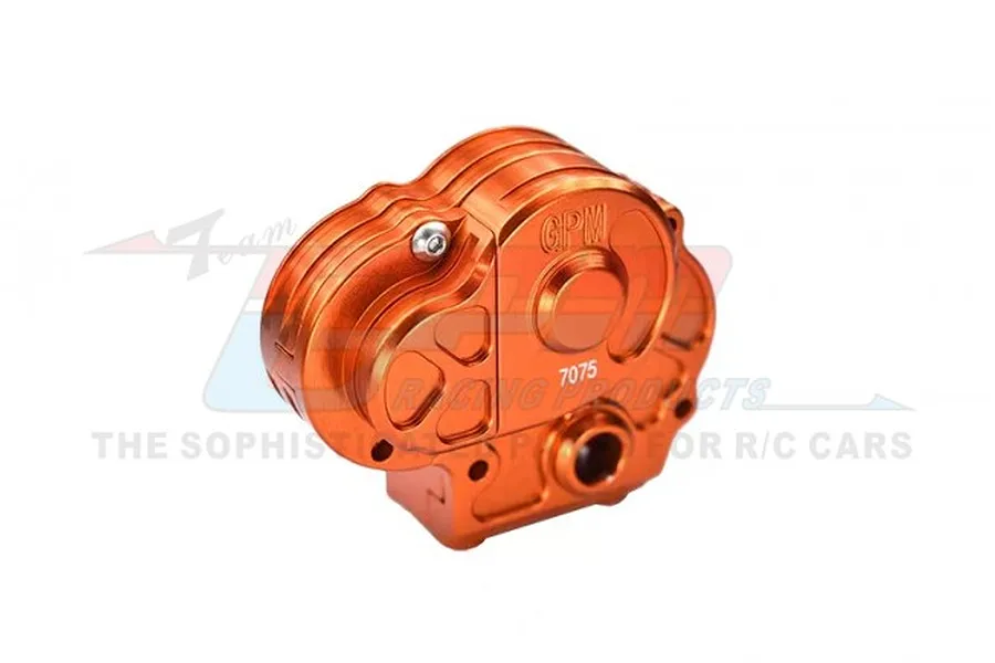An orange anodized aluminium gearbox case for RC cars by GPM Racing, featuring a 7075 alloy marking.