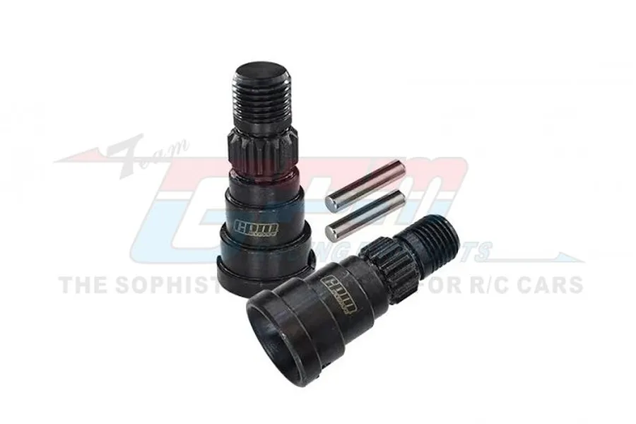 Two black GPM Racing high carbon steel CVD joints with two small metal pins on a white background.