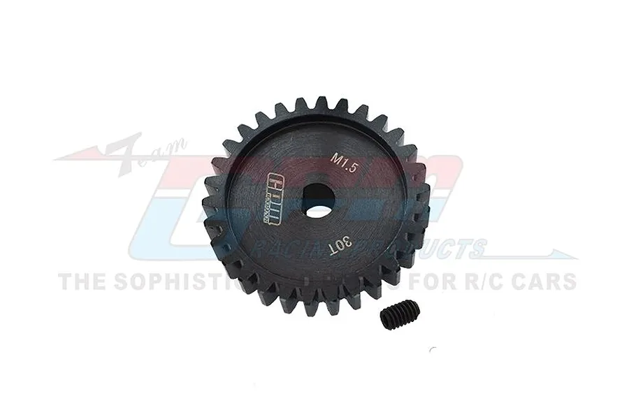 A black GPM Racing 30T 1.5Mod pinion gear with a small grub screw on a white background.