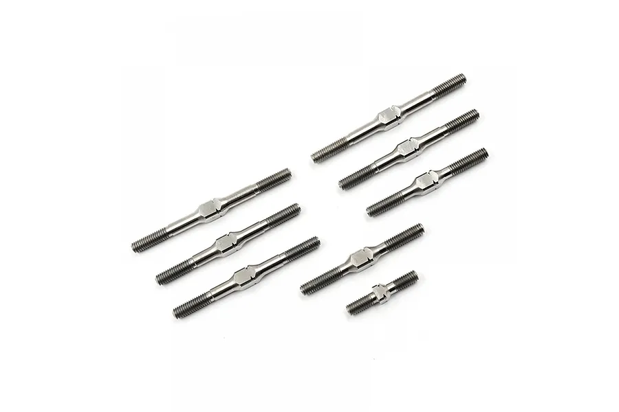 A set of eight silver-colored metal RC turnbuckles of varying lengths arranged on a plain white background.