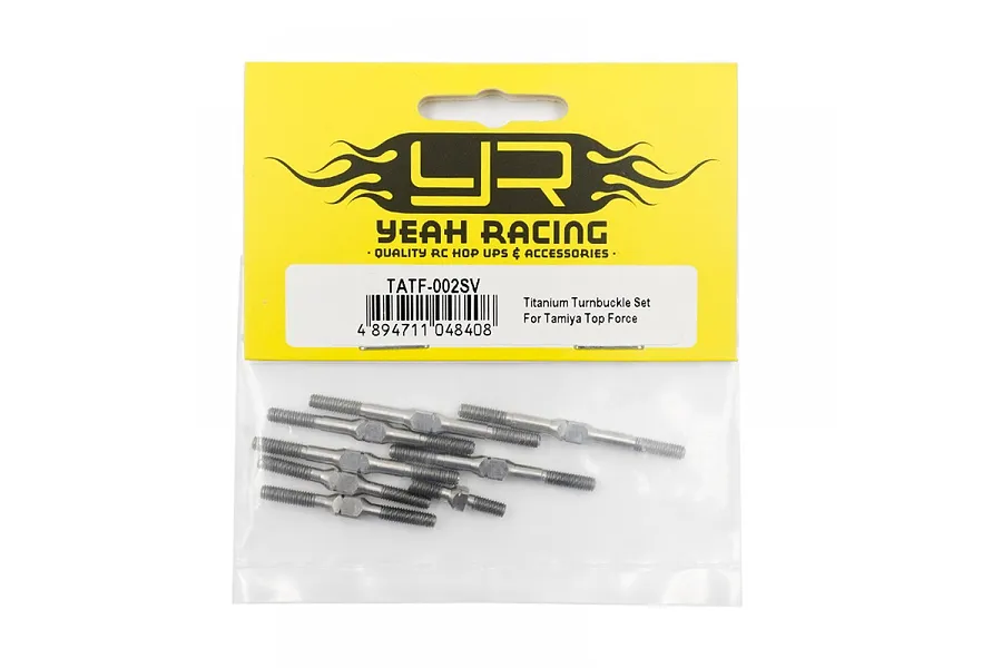 A pack of Yeah Racing titanium turnbuckles for Tamiya Top Force in original yellow and white retail packaging.