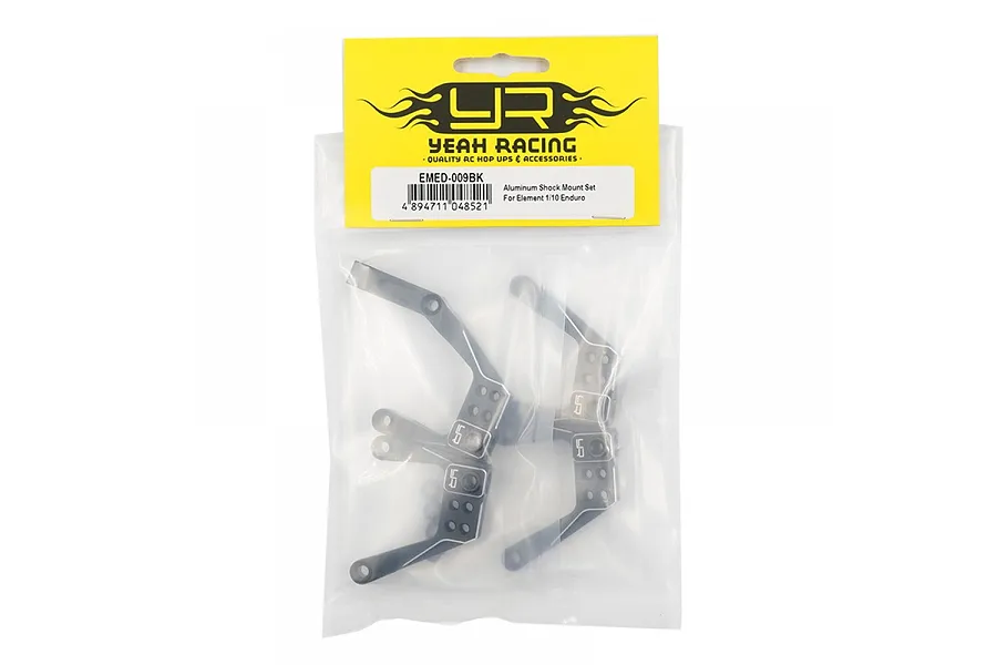 Yeah Racing black aluminium shock mount set for Element 1/10 Enduro in original retail packaging.