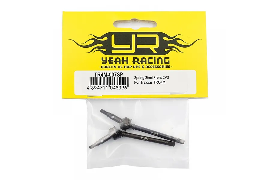 Two Yeah Racing spring steel front CVD driveshafts for Traxxas TRX-4M in original yellow and white retail packaging.