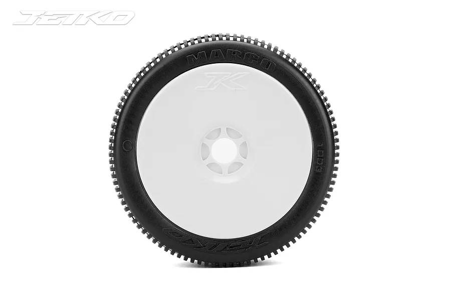 A single Jetko 1/8 scale Marco buggy tyre mounted on a white dish rim, viewed from the side against a white background.