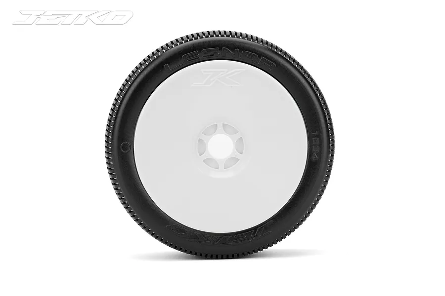 A single Jetko 1/8 scale Lesnar RC buggy wheel with a white dish rim and black rubber tyre, viewed from the side against a white background.