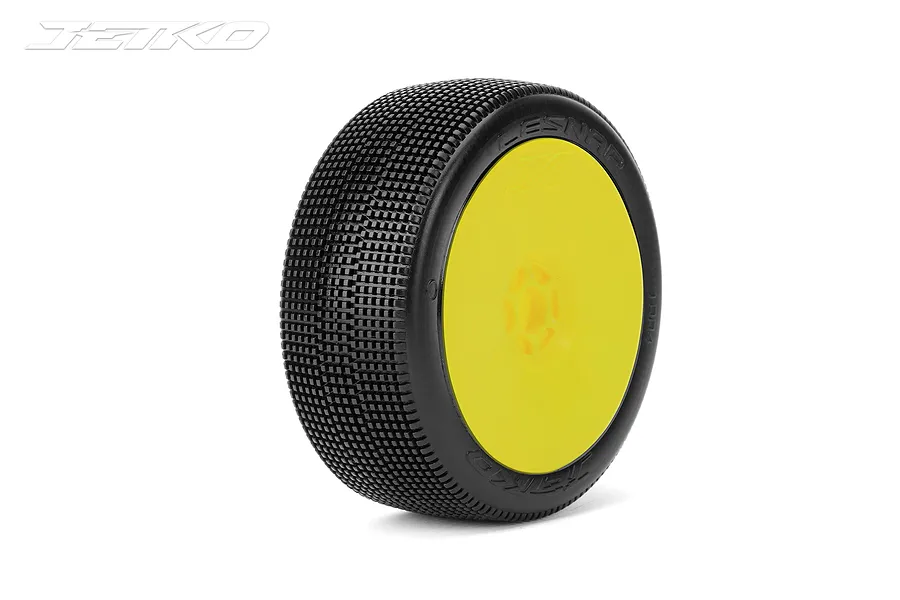 A single Jetko 1/8 scale Lesnar RC buggy tyre mounted on a bright yellow dish rim against a white background.