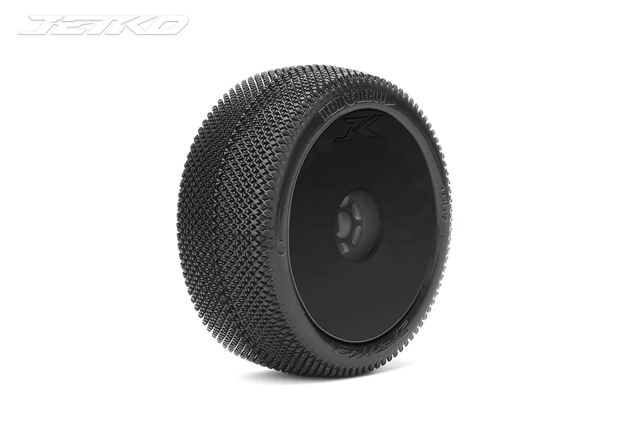 A single Jetko 1/8 scale Red Devil buggy tyre mounted on a black dish rim against a white background.