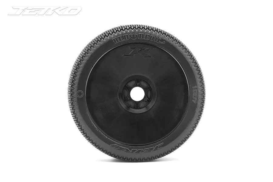 A single Jetko 1/8 scale Red Devil RC buggy wheel with a black dish rim and textured rubber tyre, viewed from the side against a white background.