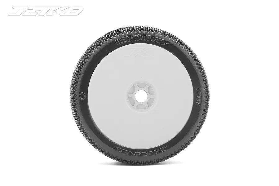 A single Jetko 1/8 scale Red Devil tyre mounted on a white dish rim, viewed from the side against a white background.