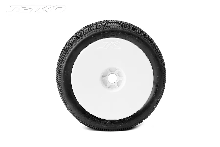 A single Jetko 1/8 scale Lesnar buggy tyre mounted on a white dish rim against a white background.