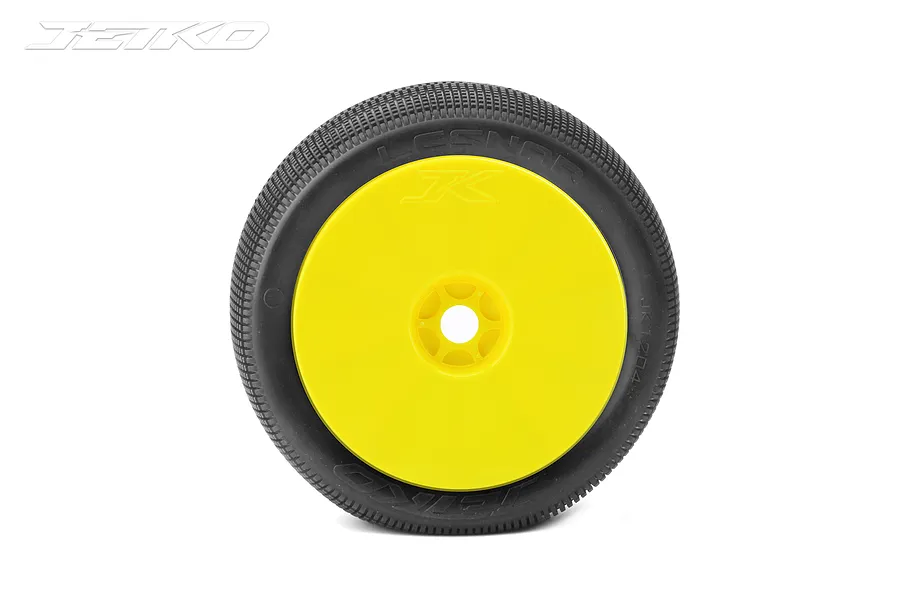 A single Jetko 1/8 scale Lesnar RC buggy tyre mounted on a bright yellow dish rim against a white background.