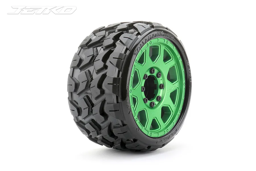Jetko 3.6&amp;quot; Tomahawk SGT Medium Soft Belted Tyres on Metal Green Claw Rims - Glued Wheels 2Pcs image 77590