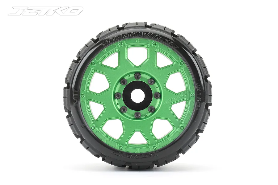 A single Jetko 3.6 inch Tomahawk SGT belted tire mounted on a bright green multi-spoke RC wheel with a black center hub.