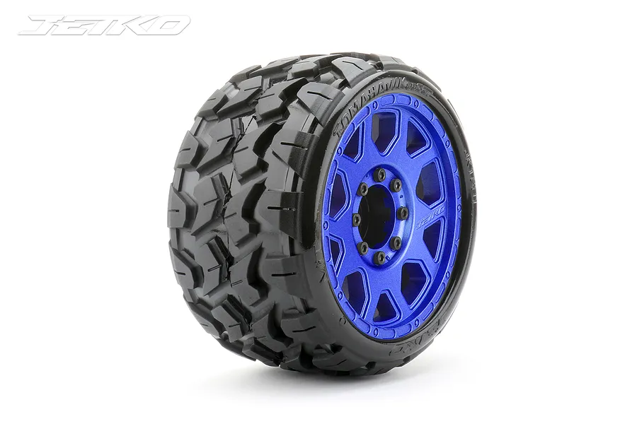 Jetko 3.6&amp;quot; Tomahawk SGT Medium Soft Belted Tyres on Metal Blue Claw Rims - Glued Wheels 2Pcs image 77595
