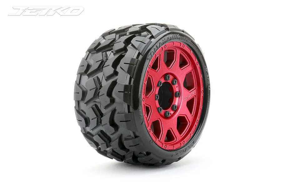 Jetko 3.6&amp;quot; Tomahawk SGT Medium Soft Belted Tyres on Metal Red Claw Rims - Glued Wheels 2Pcs image 77600