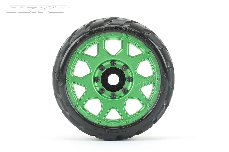 A single Jetko King Cobra 3.6 inch RC monster truck wheel with a bright green multi-spoke rim and black rubber tire against a white background.