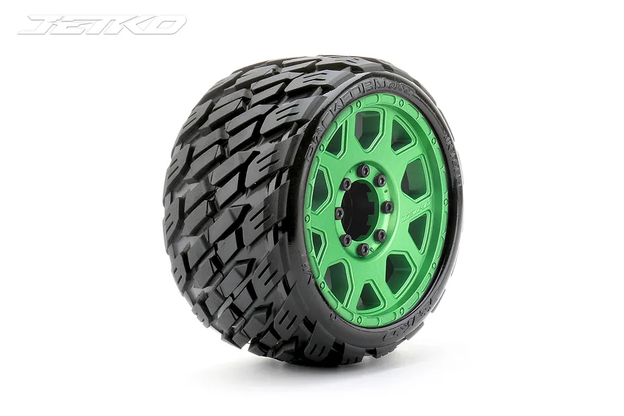 Jetko 3.6&amp;quot; Rockform SGT Medium Soft Belted Tyres on Metal Green Claw Rims - Glued Wheels 2Pcs image 77636