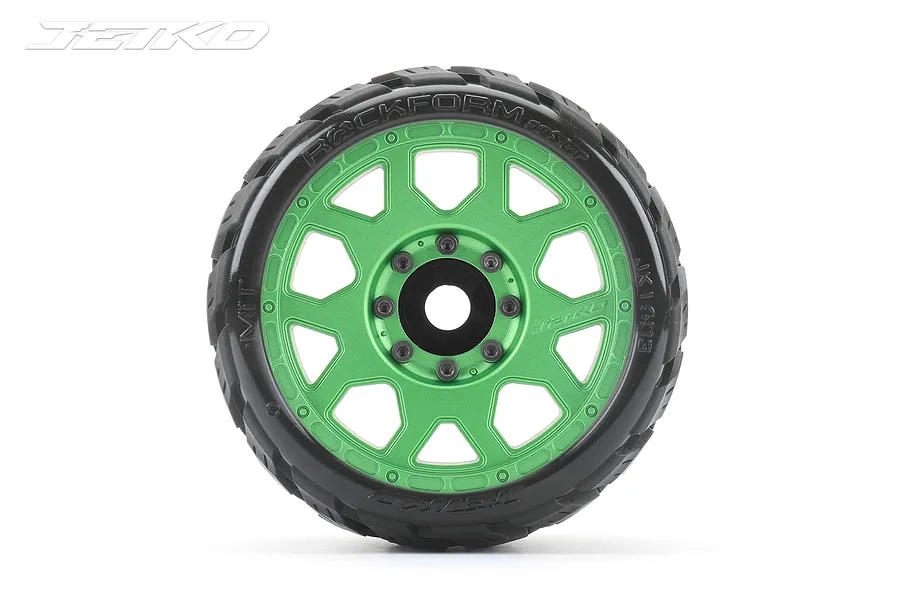 A single Jetko Rockform SGT belted RC tyre mounted on a bright green metal Claw rim, viewed from the front against a white background.