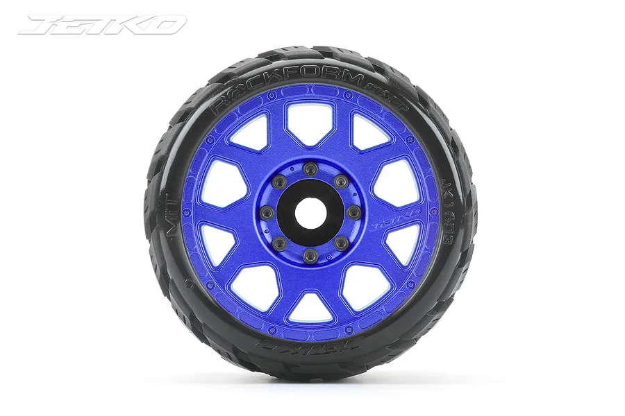 A single Jetko Rockform SGT belted RC tyre mounted on a blue metal Claw rim, viewed from the front against a white background.