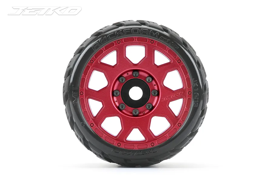 A single Jetko 3.6 inch Rockform SGT belted tyre mounted on a red metal Claw rim, viewed from the front against a white background.