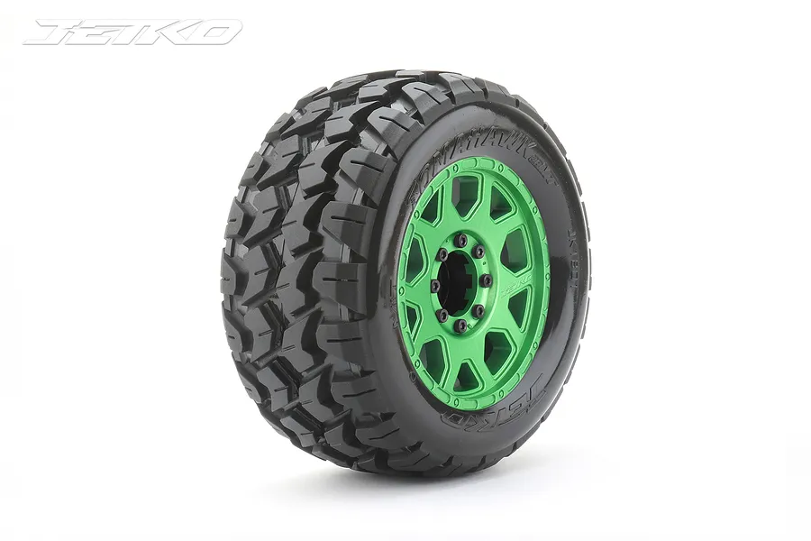 Jetko 3.6&amp;quot; Tomahawk MT Medium Soft Belted Tyres on Metal Green Claw Rims - Glued Wheels 2Pcs image 77656