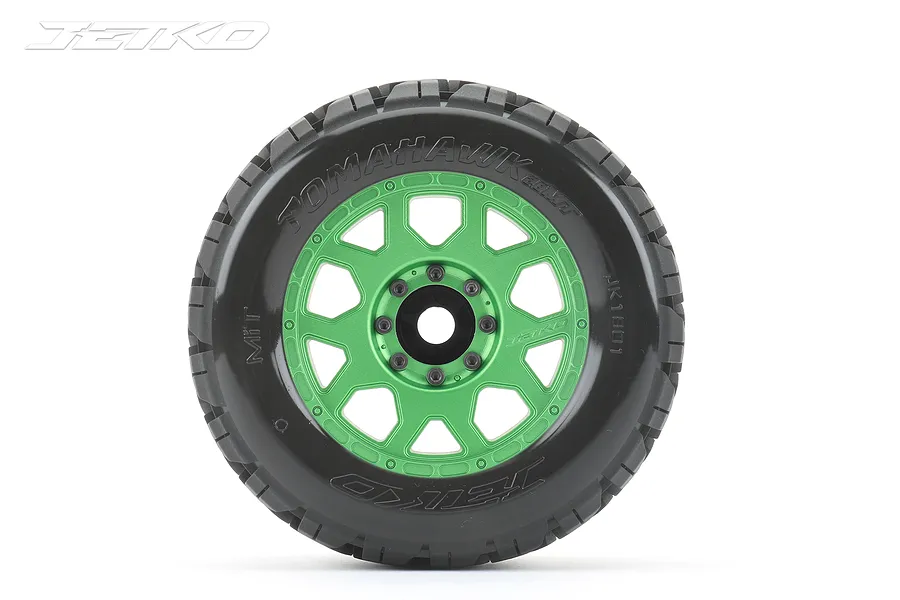 Jetko 3.6&amp;quot; Tomahawk MT Medium Soft Belted Tyres on Metal Green Claw Rims - Glued Wheels 2Pcs image 77657