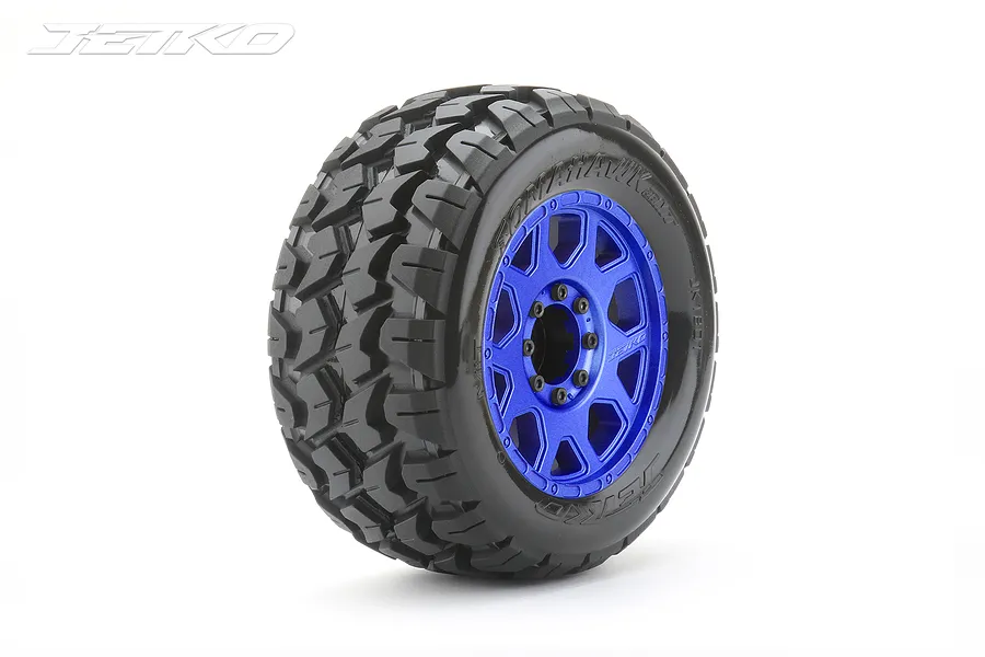 Jetko 3.6&amp;quot; Tomahawk MT Medium Soft Belted Tyres on Metal Blue Claw Rims - Glued Wheels 2Pcs image 77661