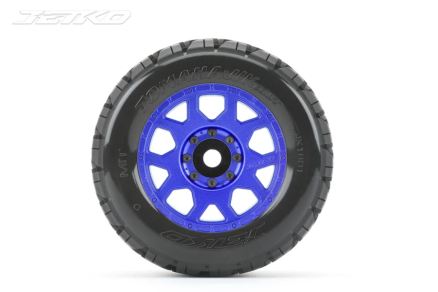 Jetko 3.6&amp;quot; Tomahawk MT Medium Soft Belted Tyres on Metal Blue Claw Rims - Glued Wheels 2Pcs image 77662