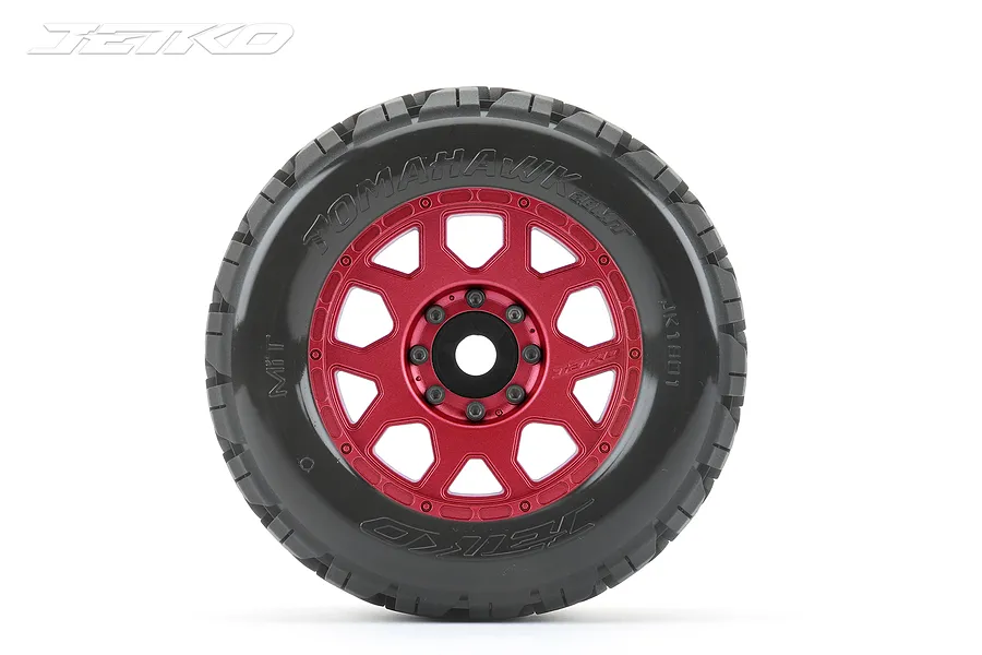 Jetko 3.6&amp;quot; Tomahawk MT Medium Soft Belted Tyres on Metal Red Claw Rims - Glued Wheels 2Pcs image 77667