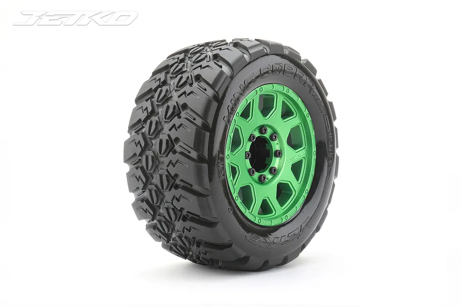 Jetko 3.6&amp;quot; King Cobra MT Medium Soft Belted Tyres on Metal Green Claw Rims - Glued Wheels 2Pcs image 77676