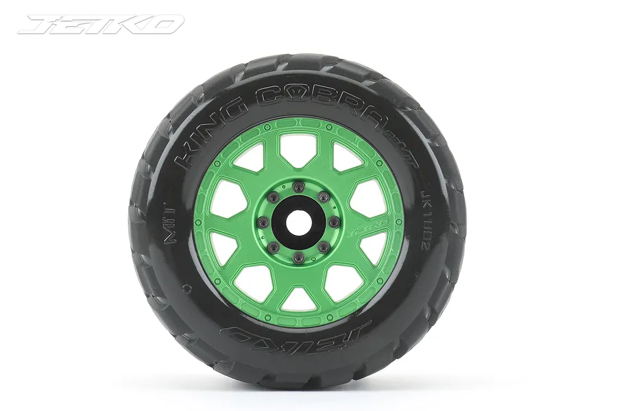 Jetko 3.6&amp;quot; King Cobra MT Medium Soft Belted Tyres on Metal Green Claw Rims - Glued Wheels 2Pcs image 77677