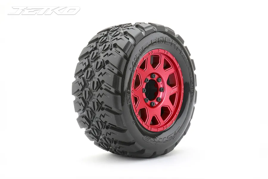 Jetko 3.6&amp;quot; King Cobra MT Medium Soft Belted Tyres on Metal Red Claw Rims - Glued Wheels 2Pcs image 77686