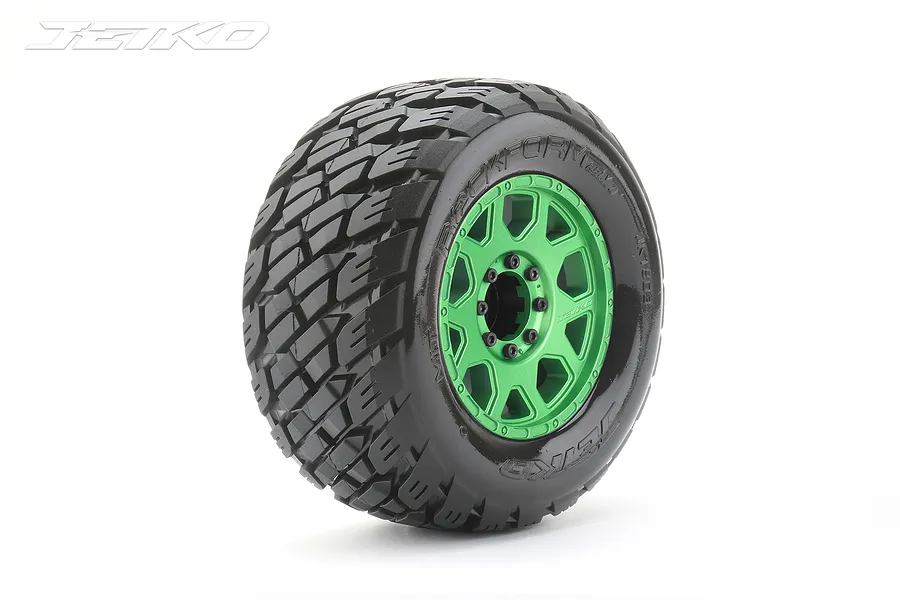 Jetko 3.6&amp;quot; Rockform MT Medium Soft Belted Tyres on Metal Green Claw Rims - Glued Wheels 2Pcs image 77696