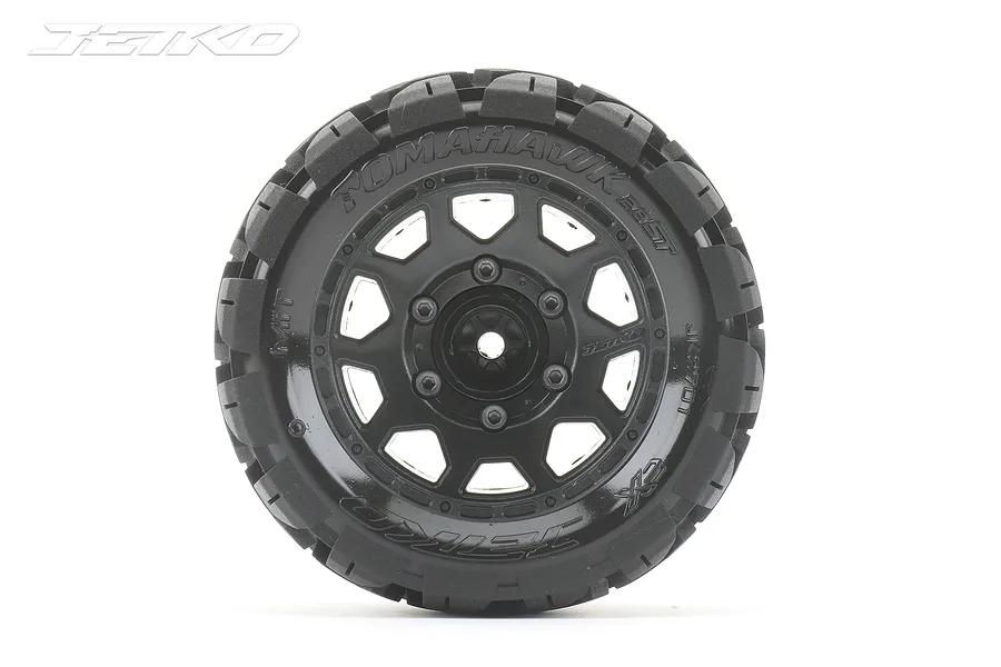 A single Jetko 2.8 inch Tomahawk ST RC stadium truck wheel with a black claw-style rim and treaded rubber tyre against a white background.