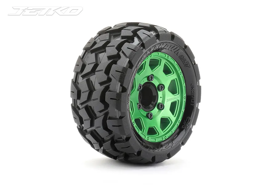 Jetko 2.8&amp;quot; Tomahawk ST Medium Soft Tyres on Metal Green Claw Rims - Glued Wheels 2Pcs image 77750