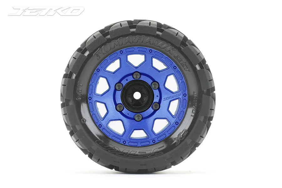 A single Jetko 2.8 inch Tomahawk ST RC stadium truck wheel with a blue metal rim and black rubber tyre against a white background.