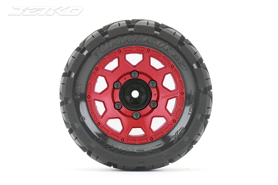 A single Jetko 2.8 inch Tomahawk ST RC tyre mounted on a red metal claw-style wheel, viewed from the front against a white background.