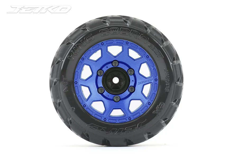 A single Jetko 2.8 inch King Cobra ST RC stadium truck wheel with a blue metal rim and black rubber tyre on a white background.