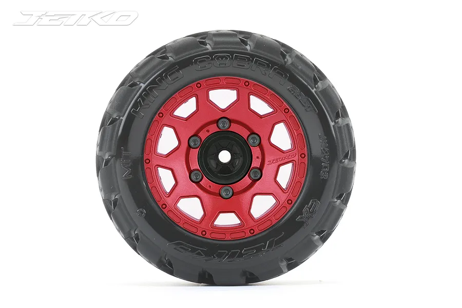 A single Jetko 2.8 inch King Cobra ST tyre mounted on a red metal Claw rim, viewed from the front against a white background.
