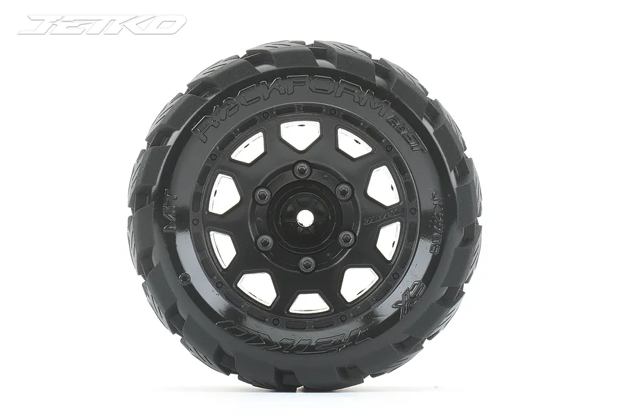 A single Jetko 2.8 inch Rockform ST RC monster truck wheel with a black multi-spoke rim and aggressive tread pattern, viewed from the front.