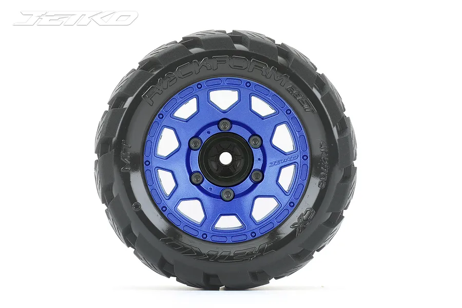 A single Jetko 2.8 inch Rockform ST RC monster truck wheel with a blue metal rim and black rubber tyre against a white background.