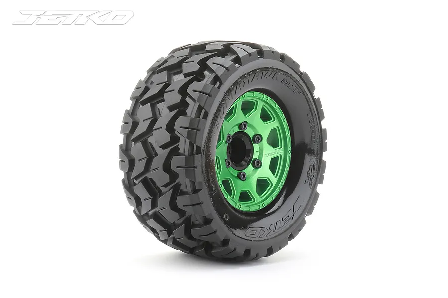 Jetko 2.8&amp;quot; Tomahawk MT Medium Soft Tyres on Metal Green Claw Rims - Glued Wheels 2Pcs image 77838