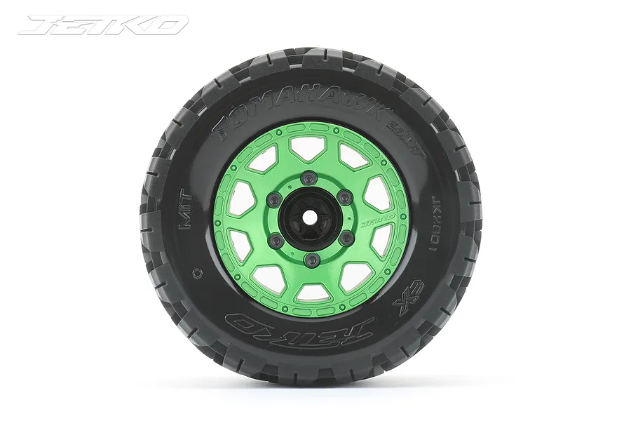 A single Jetko 2.8 inch Tomahawk MT monster truck tyre mounted on a bright green multi-spoke wheel against a white background.