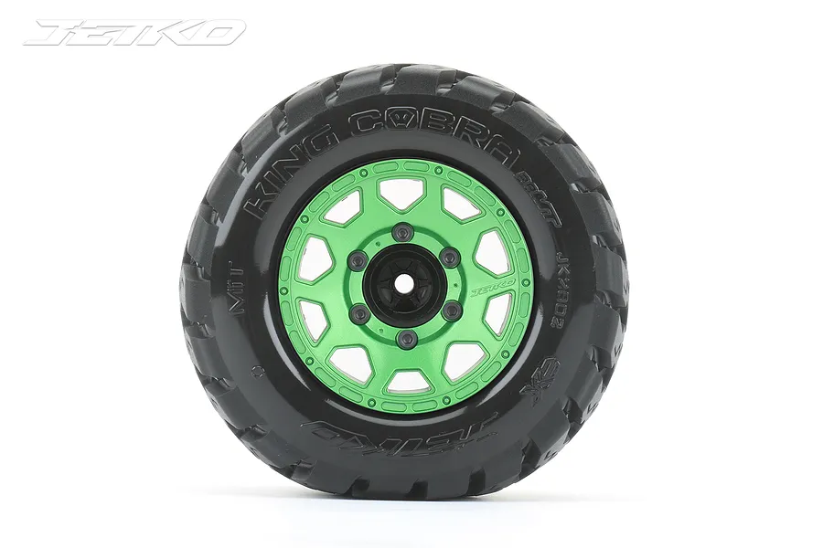 Jetko 2.8&amp;quot; King Cobra MT Medium Soft Tyres on Metal Green Claw Rims - Glued Wheels 2Pcs image 77869