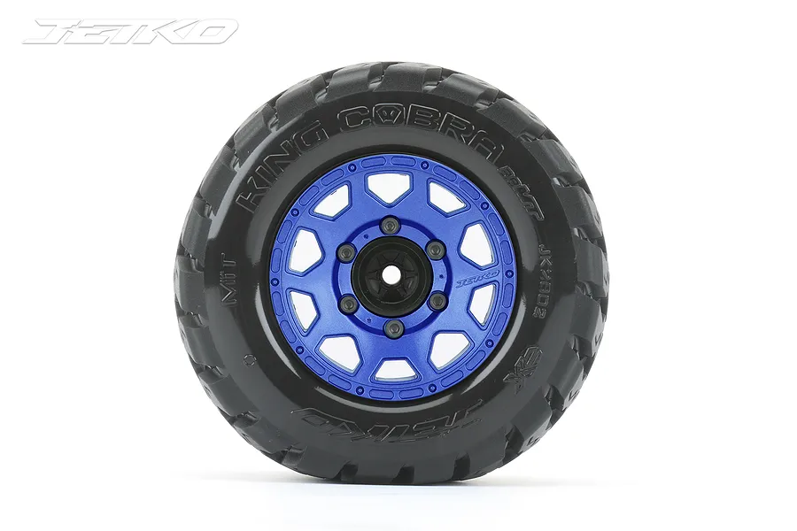 A single Jetko 2.8 inch King Cobra MT tyre mounted on a blue metal Claw rim, viewed from the front against a white background.