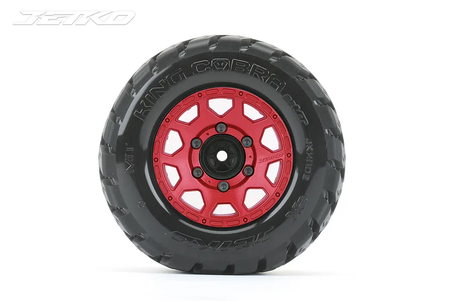 A single Jetko 2.8 inch King Cobra MT tyre mounted on a red metal Claw rim against a white background.