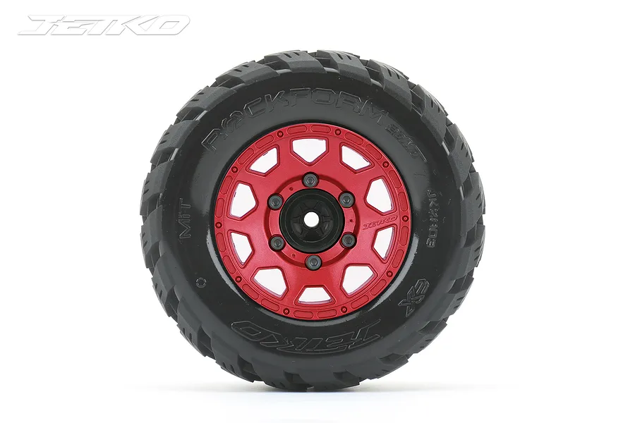 A single Jetko 2.8 inch Rockform MT tyre mounted on a red metal Claw rim against a white background.