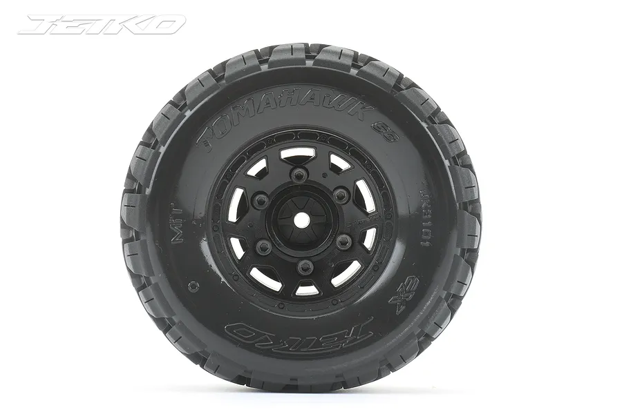 A single Jetko Tomahawk SC short course RC tyre mounted on a black Claw rim against a white background.