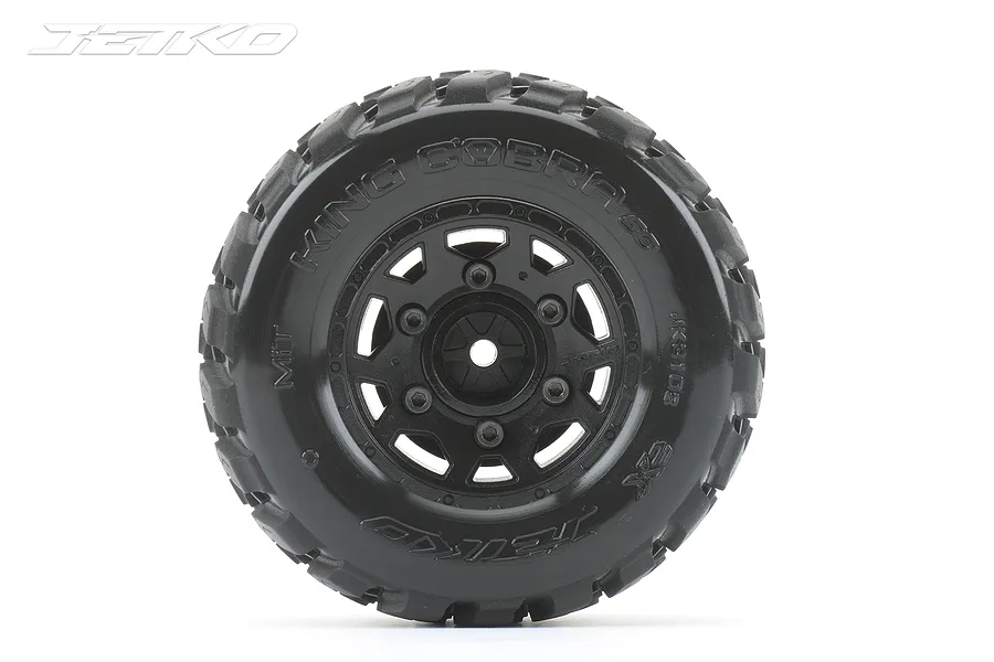 A single Jetko King Cobra SC 2.9 inch RC short course tyre mounted on a black Claw rim against a white background.