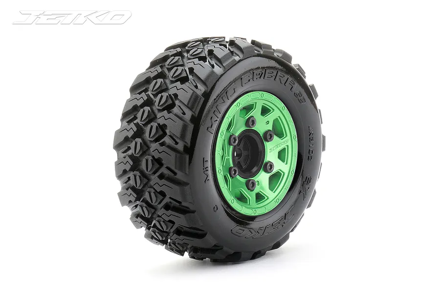 Jetko 2.9&amp;quot; King Cobra SC Medium Soft Tyres on Metal Green Claw Rims - Glued Wheels 2Pcs image 77944